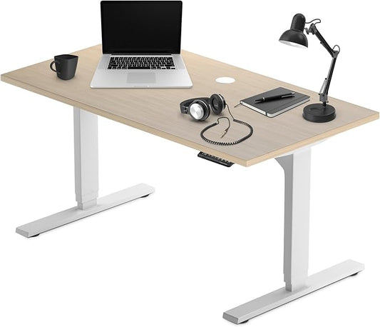 Progressive Desk Stand Up Height Adjustable Electric Standing Desk - 48" x 30" with Dual Motor, 3 Stages Sit Stand Table - Bright Beech, White Frame