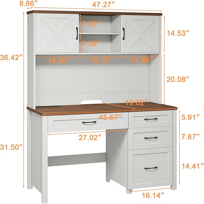 Farmhouse 67" H Executive Desk with Hutch,Office Desk with 4 Drawers and LED light, Wood Workstation for Home Office and Study, Computer Desk with Storage Cabinet & File Drawers and Charging Station