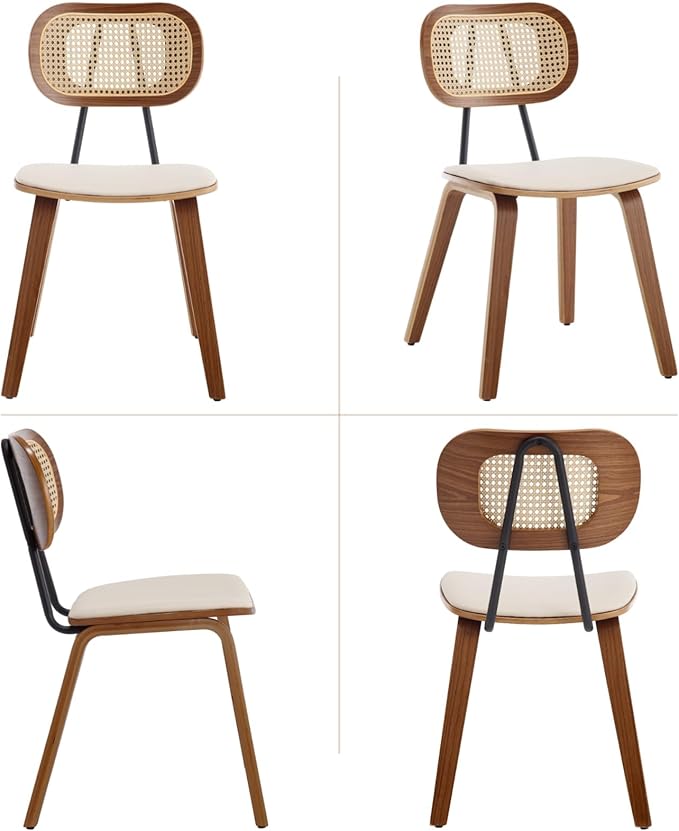 Mid-Century Dining Chairs Set of 4, PU Leather Kitchen Chairs with Rattan Backrest Wooden Legs Armless Design for Dining Room Living Room, Beige