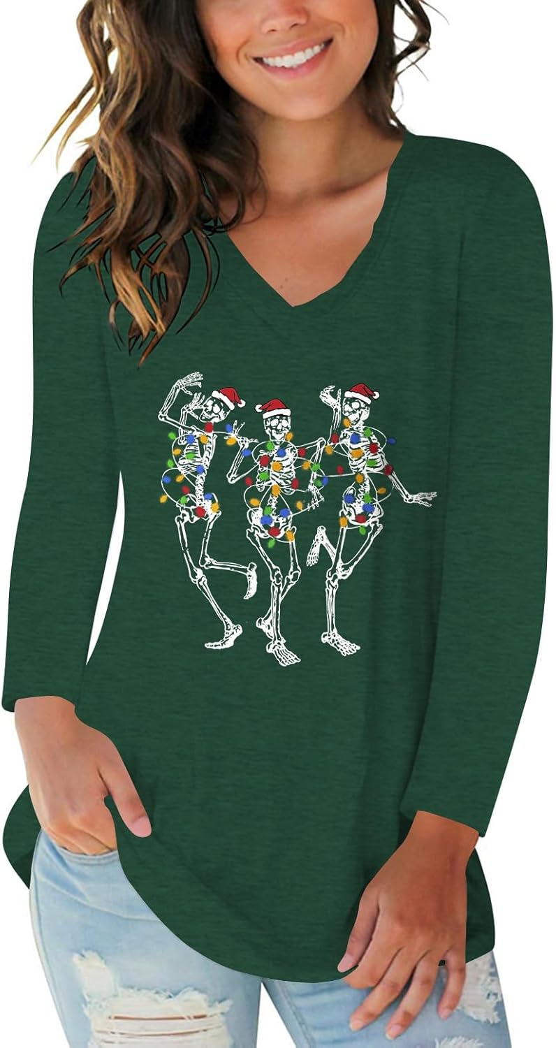 Tobrief Women's Long Sleeve V-Neck Shirts Fall Graphic Tees Loose Casual T-Shirt