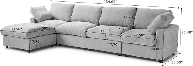 WJShome L Shaped Sectional Couch 134 Inch 4-Seater Modern Modular Sofa with Ottoman,Chenille Deep Seat Couches for Living Room, Bedroom and Apartment，Gray