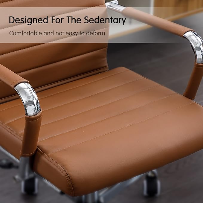 Home Office Chair Ribbed, Modern Leather Conference Waiting Room Chairs,Ergonomic Office Desk Chair, High Back Executive Computer Chair, Adjustable Swivel Chair with Arms (Brown)
