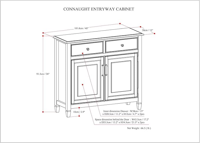 SIMPLIHOME Connaught 40-inch Wide Solid Wood Storage Cabinet in Medium Saddle Brown for Entryway, Living Room, Organizer for Hats, Gloves, Shoes, Keys, Slim Design, Traditional Style