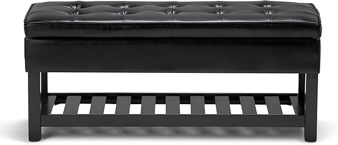 SIMPLIHOME Cosmopolitan Storage Ottoman Bench - 44 inch Wide Upholstered Vegan Leather Rectangle Storage Ottoman in Midnight Black, Transitional Bench for Bedroom with Tufted Lift-Top and Open Shelf