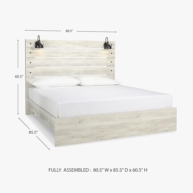 Signature Design by Ashley Cambeck Farmhouse King Panel Bed with Sconce Lights and USB Ports, Foundation or Box Spring Needed, Whitewash