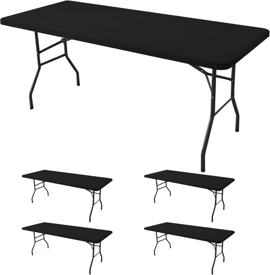 Fitted Tablecloth for 6 Foot Rectangle Tables-4 Pack Black Elastic Outdoor Picnic Table Cover-Spandex Stretch Folding Table Cloths 6 ft for Camping Dining Room Patio Kitchen Banquet Party