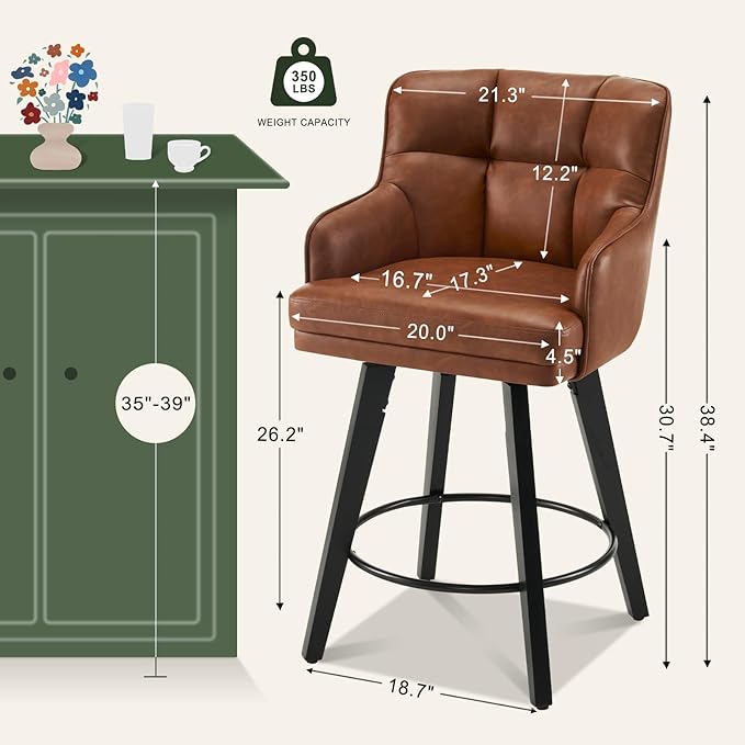 360°Swivel Counter Height Bar Stools with Back, 26 inch Solid Wood Legs, Bar Stool Modern Kitchen Island Chairs, Faux Leather (Brown- Faux Leather, 26" H- Set of 4)