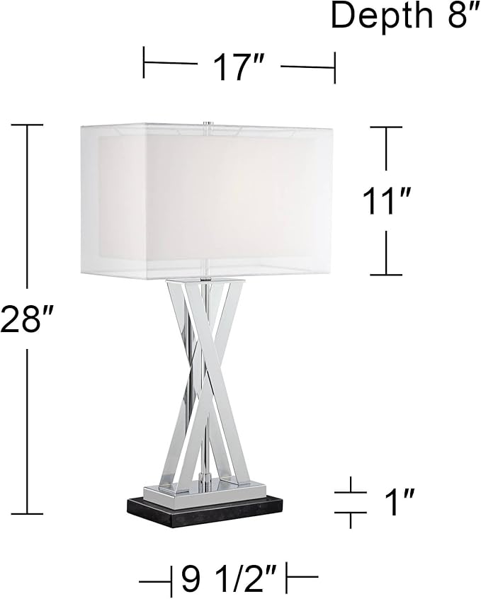 Possini Euro Design Proxima Modern Table Lamp with Black Marble Riser 28" Tall Chrome Silver Metal Double Rectangular Shades Decor for Bedroom Living Room Nightstand Bedside Office Kids Room