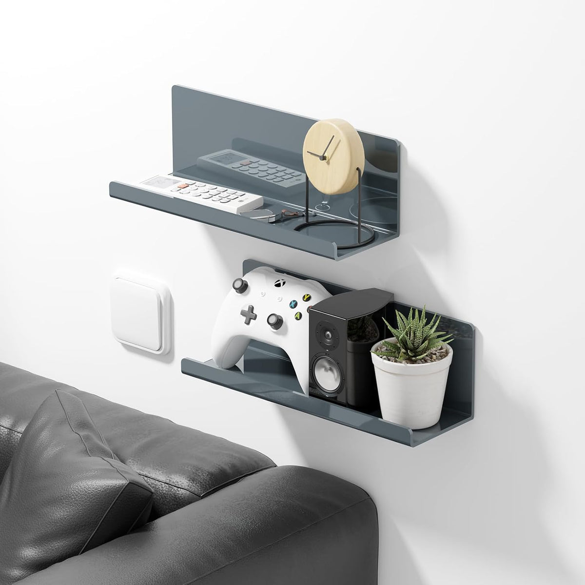 Adhesive Floating Shelves for Wall No Drilling, 12 Inch Acrylic Self Adhesive Shelves, Stick on Shelves, Dorm Wall Shelf, for Bathroom, Kitchen, Bedroom, Office, Gaming Room, Gray