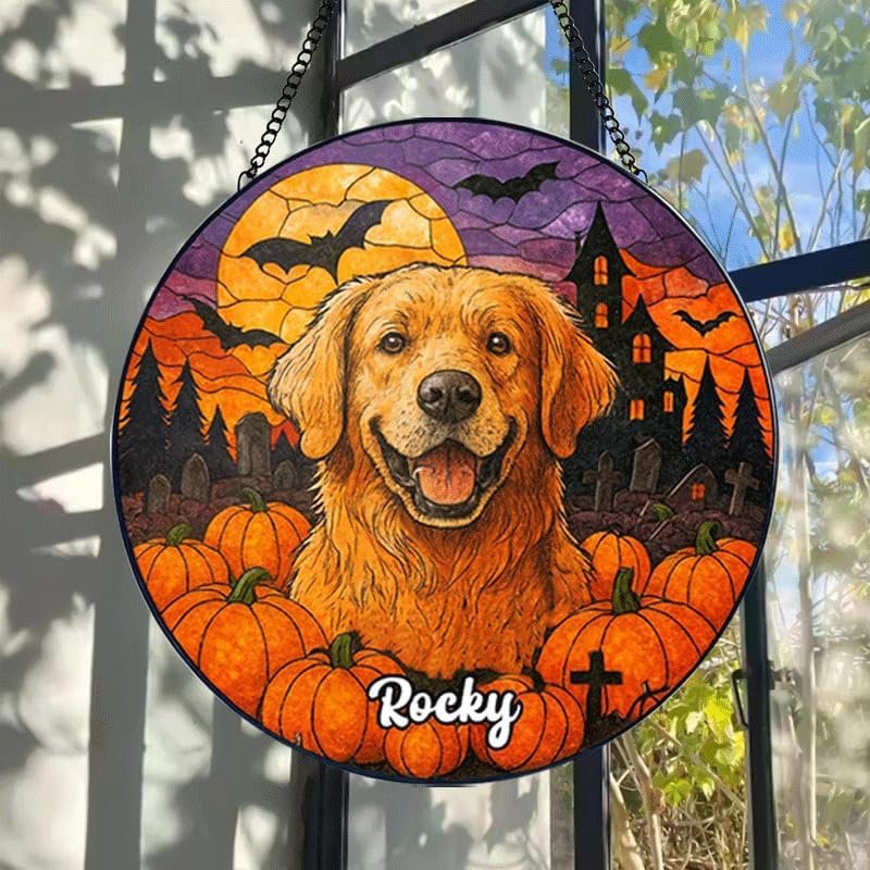 Personalized Halloween Dog Glass Window Hanging Ornament,Custom Pet Photo Ornament, Unique for Dog Lovers,Customized Pet Keepsake for Spooky Season, Fall Holiday Décor /3