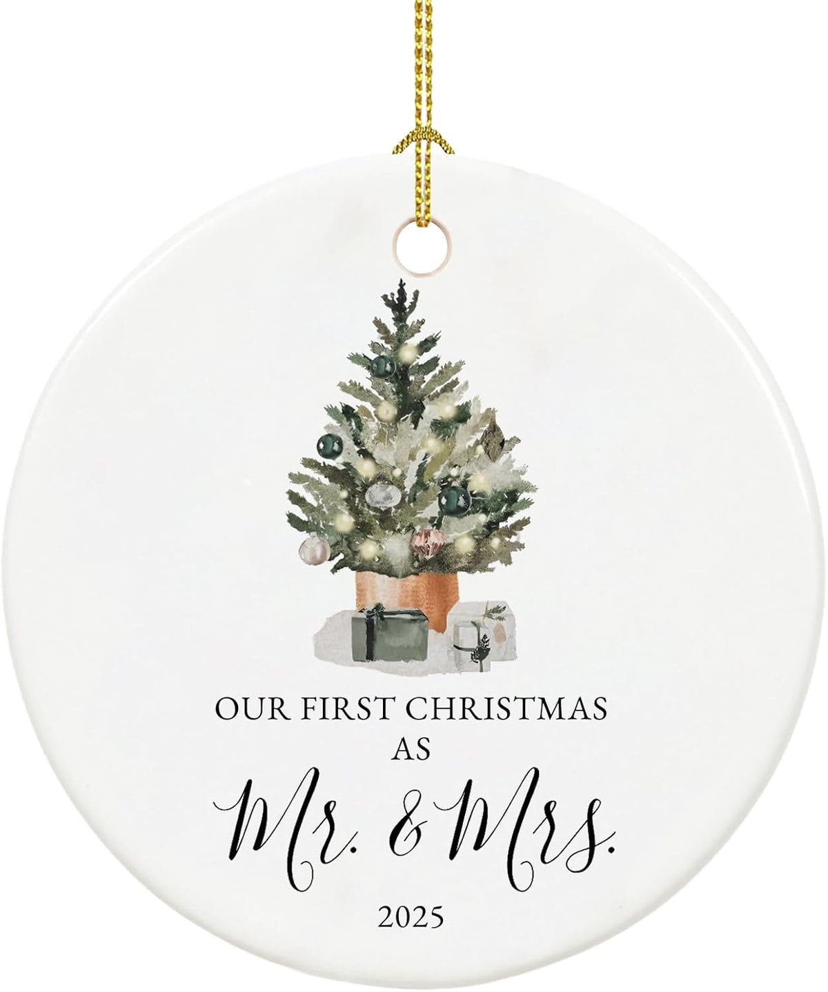 Our First Christmas Married Ornament 2025, Just Married Gifts for Couple, Mr and Mrs, Ceramic Keepsake with Ribbon and Gift Box