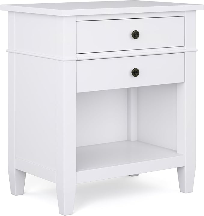 SIMPLIHOME Carlton Bedside Table - 24 inch Wide Solid Wood Nightstand Table in White, Transitional Bedroom Side or End Table with 2 Drawers, Open Storage Shelf and Bronze Hardware