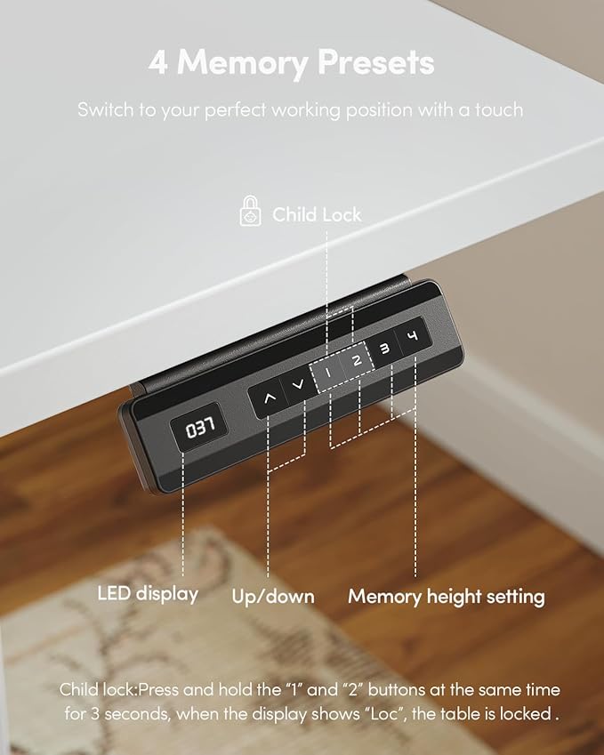 FEZIBO One-Piece Standing Desk Adjustable Height Stand up Home Office Desk, 55x24 Inch Electric Standing Computer Desk, with 4 Memory Presets, Headphone Hook, White