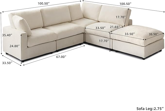 WJShome L Shaped Sectional Couch 134 Inch 4-Seater Modern Modular Sofa with Ottoman,Chenille Deep Seat Couches for Living Room, Bedroom and Apartment，Beige