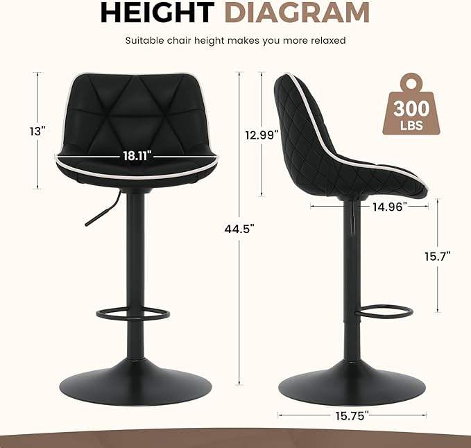 Nalupatio Bar Stools Set of 4, Adjustable Swivel Counter Height Bar Stools with Back, Armless Modern Barstools for Kitchen Island & Home Bar, Upholstered Seat,（Black）