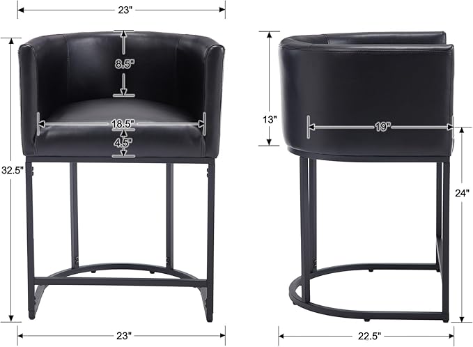 PU Leather Bar Stools Set of 2, Modern Upholstered Counter Height Bar stools 24" Leather Barstools Barrel Kitchen Counter Island Stools with Black Metal Base, Black