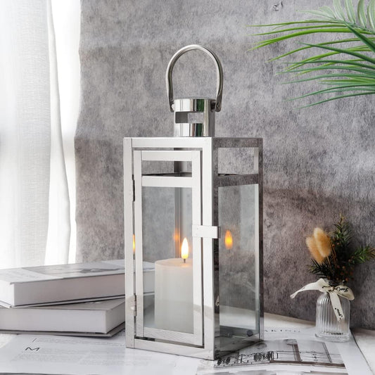 TRIROCKS Stainless Steel Decorative Lantern 12'' High Metal Hanging Lantern with Clear Glass Panels Perfect for Home Decor Living Room Parties Events Tabletop Indoors Outdoors (Silver)