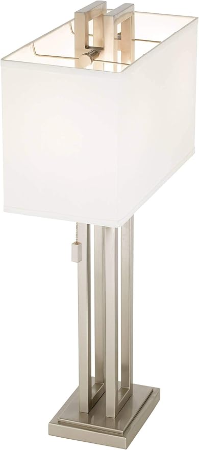 Possini Euro Design Gossard 30" Tall Rectangle Large Modern End Table Lamps Set of 2 Pull Chain Silver Brushed Nickel Finish Metal White Shade Living Room Bedroom Bedside Nightstand House Office