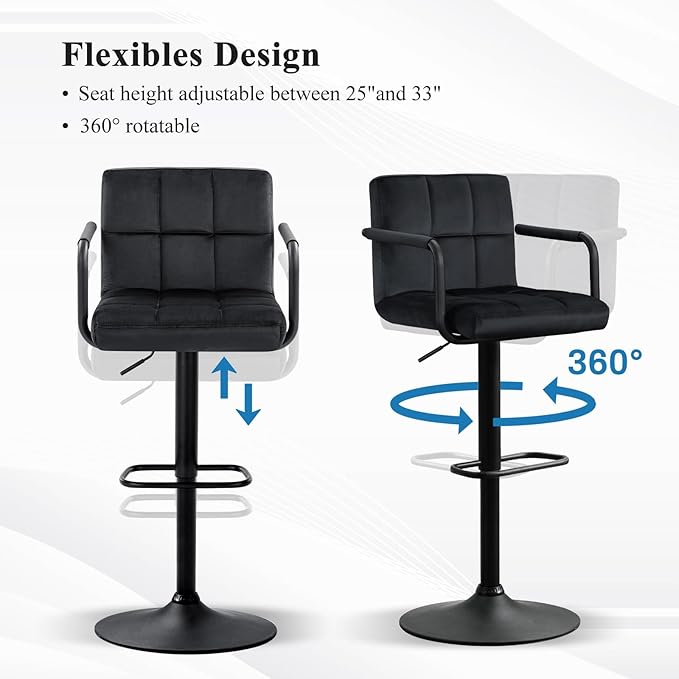 Furniliving Adjustable Barstools with Back, Black bar stools Set of 2, Velvet 360°Swivel Bar Stools, Double Stitching Counter Stools for Kitchen, Bar (Black)