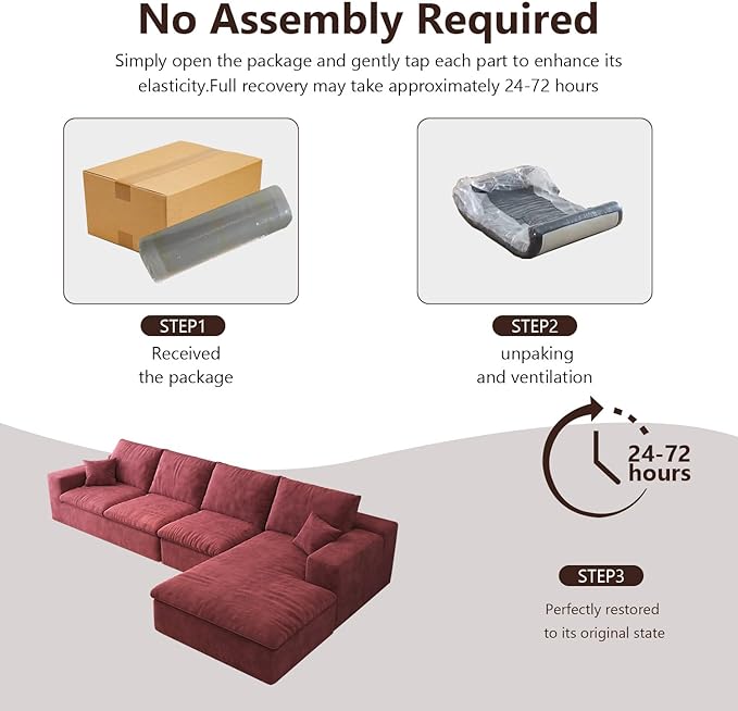 136.6'' L-Shaped Modern Modular Sectional Cloud Couch, 4-Seat Chenille Deep-Seat Sofa with Pillow for Living Room, Bedroom, Apartment, Wine Red