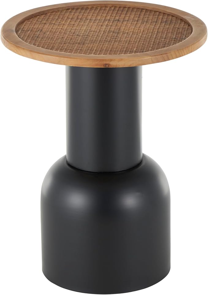 Deco 79 Metal Handmade Side End Accent Table Pedestal End Table with Brown Rattan Tabletop, Side Table 16" x 16" x 20", Black
