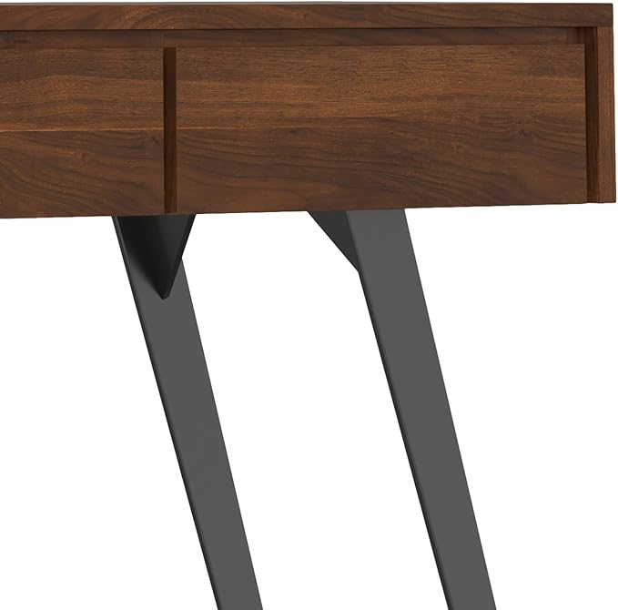 SIMPLIHOME Lowry Console Table - 60 Inch Wide Solid Walnut Veneer and Metal Sofa Table, Modern Industrial Storage Table for Entryway or Living Room with 3 Drawers and Angled Metal Legs