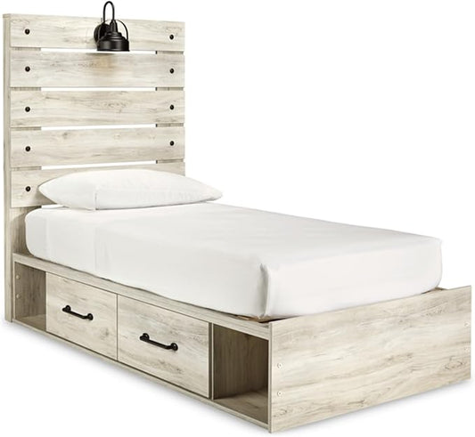 Signature Design by Ashley Cambeck Farmhouse Twin Panel Platform Bed with 4 Storage Drawers, Cubbies, Sconce Light and USB Ports, Foundation or Box Spring Not Needed, Whitewash