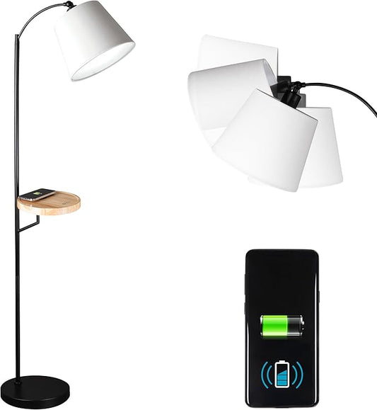 OttLite Good Housekeeping Shaded Modern LED Floor Lamp for Bedroom with Tray, Wireless Charging Table, Designed to Reduce Eyestrain, Adjustable Shade, ClearSun LED Bulb, Reading Light & Studying Lamp
