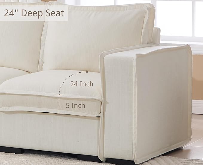 EALSON 119" Modular Sectional Sofa Modern Comfy 4-Seater Couch Sofa Linen Fabric Upholstered Cloud Couches with 24" Deep Seat and Wooden Legs for Bedroom/Living Room/Office, White