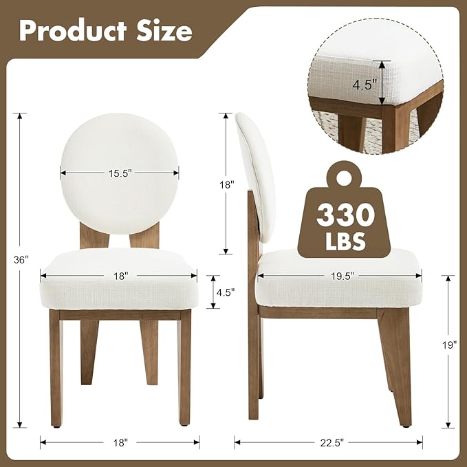 Mid-Century Modern Walnut Dining Chairs Set of 6, Vintage White Wooden Kitchen Chairs, Retro Upholstered Linen Cushioned Seat with Curved Backrest, Armless Accent Side Chair for Bedroom