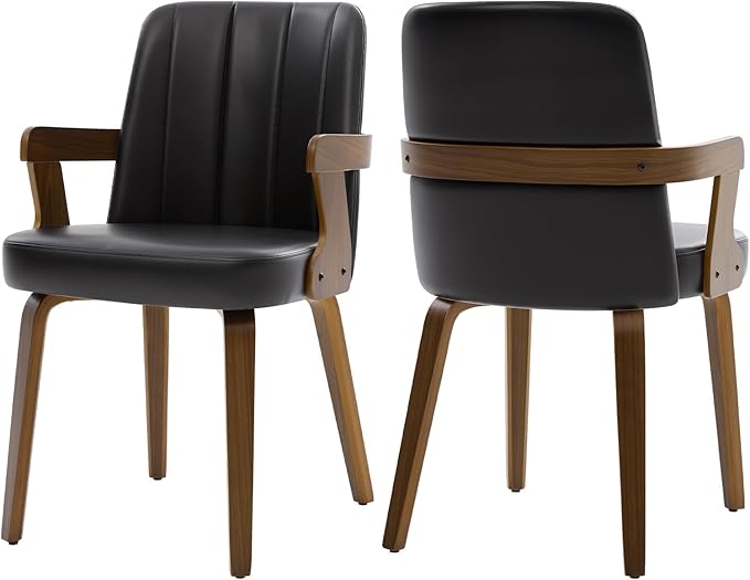 Kitchen Dining Chairs Set of 2, Faux Leather Upholstered Dining Room Chairs with Wood Arms and Legs, Mid Century Modern Kitchen Side Chair for Living, Bedroom, Restaurant, Walnut/Black