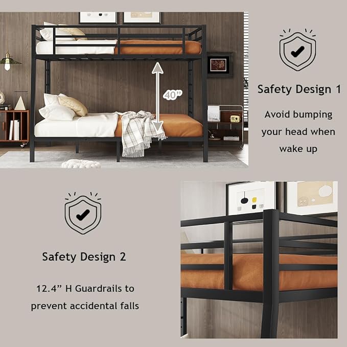 Bellemave Full XL Over Queen Bunk Bed for Adults, Full XL Over Queen Bunk Bed Frame with 2 Ladder and Full Length Guardrail, Easy Assemble, Mattress Not Included, Black