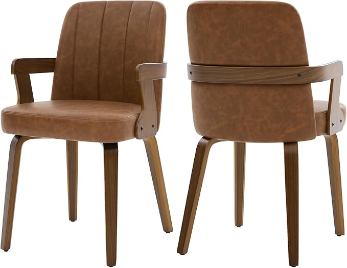 Kitchen Dining Chairs Set of 2, Faux Leather Upholstered Dining Room Chairs with Wood Arms and Legs, Mid Century Modern Kitchen Side Chair for Living, Bedroom, Restaurant, Walnut/Brown