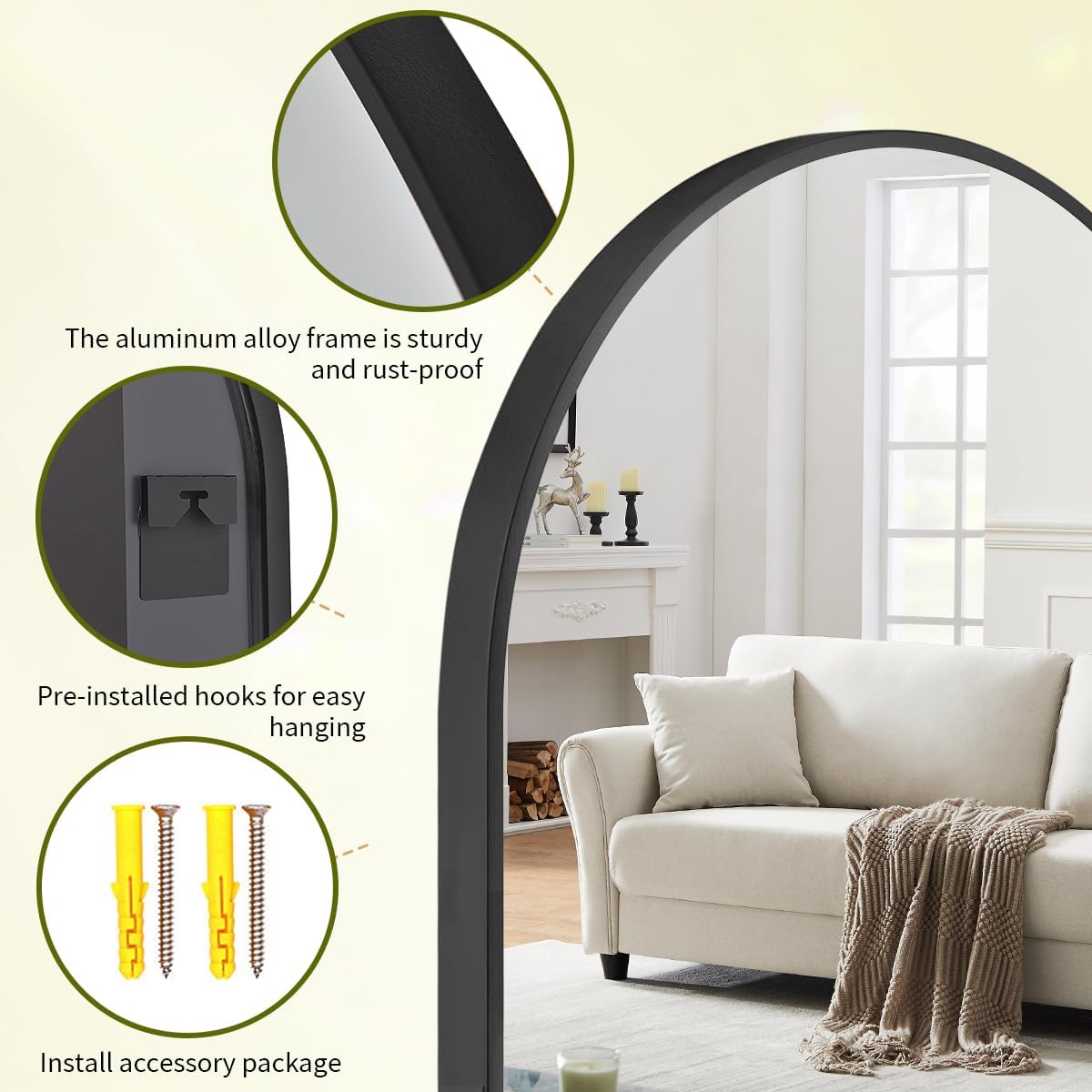 BEAUTYPEAK 26"x38" Arch Bathroom Mirror, Wall Mounted Vanity Metal Frame Mirror for Bedroom, Entryway, Living Room, Black