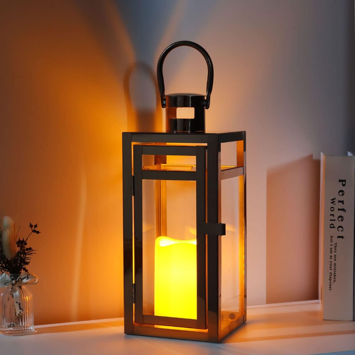 TRIROCKS Stainless Steel Decorative Lantern 12'' High Metal Candle Holder with Clear Glass Panels Perfect for Home Decor Living Room Parties Events Tabletop Indoors Outdoors (Rose Gold)
