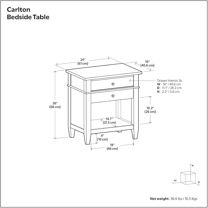 SIMPLIHOME Carlton Bedside Table - 24 inch Wide Solid Wood Nightstand Table in Dark Tobacco Brown, Transitional Bedroom Side or End Table with 2 Drawers, Open Storage Shelf and Bronze Hardware