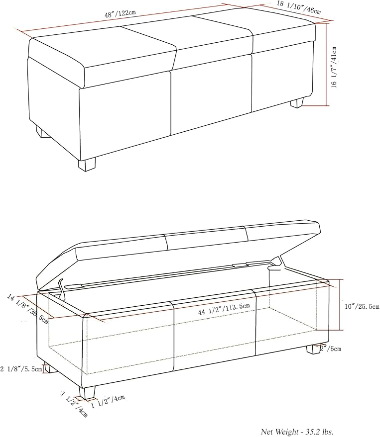 SIMPLIHOME Avalon Storage Ottoman Bench - 48 inch Wide Upholstered Vegan Leather Rectangular Lift-Top Ottoman in Satin Cream, Contemporary Storage Bench for Living Room with High-Density Foam