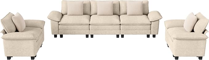 Cloud Couch Sectional Sofa Set, Plush 24.4-Inch Deep 5-Seat Sectional with Velvety Chenille & Removable Arms for Living Room and Apartment, Beige