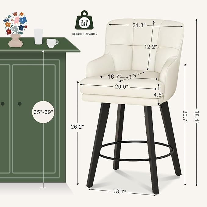 360°Swivel Counter Height Bar Stools with Back, 26 inch Solid Wood Legs, Bar Stool Modern Kitchen Island Chairs, Faux Leather (Beige- Faux Leather, 26" H- Set of 1)