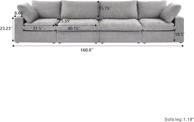 Cloud Modular Sectional Sofa,160" Down Filled Comfort Sofa Couch for Living Room,4 Seater Couches for Livingroon Apartment,Sofa Cover Washable and Replaceable,Grey