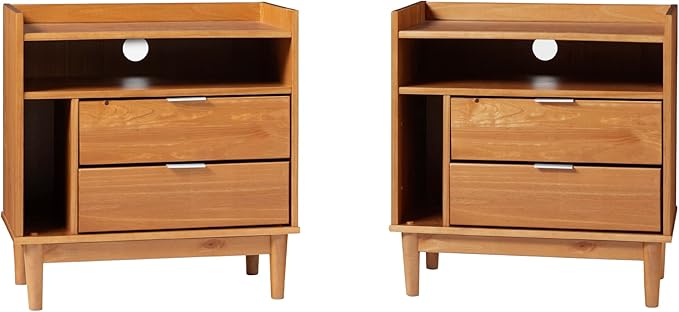 Walker Edison Blythe Mid-Century Modern Tray-Top Storage Nightstands Set of 2 Caramel