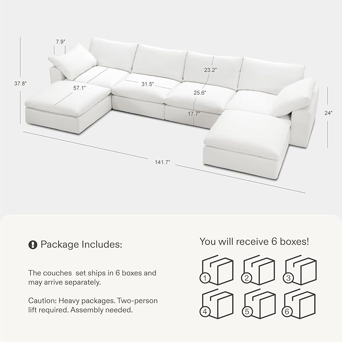 Modular Cloud Sofa, 141.7" Cloud Sectional Couches with Deep Seat, U-Shape 4-Seat Couch with Ottoman for Living Room, Modern Comfy Couch with Washable Cover, Wide Armrest (White,2 Ottomans)
