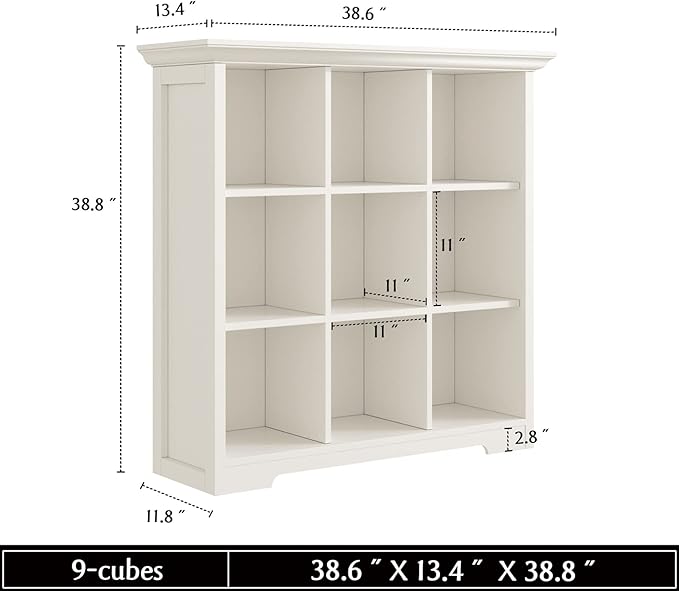 Wooden Cube Shelf Bookcase - Modern 3 Tiers Floorstanding Open Bookshelf with Base for Home and Office, 9 Cubes Storage Cabinet, Warm White