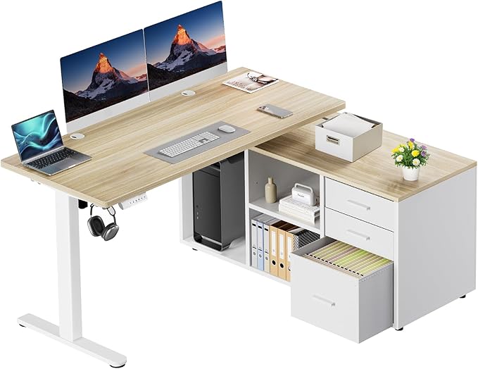 HUANUO L Shaped Standing Desk, Electric Executive Desk with Drawers, Adjustable Height Stand Up Desk, 55″ x 23.6″ One-Whole Piece Desktop, Computer Desk with 4 Memory Presets, Light Walnut