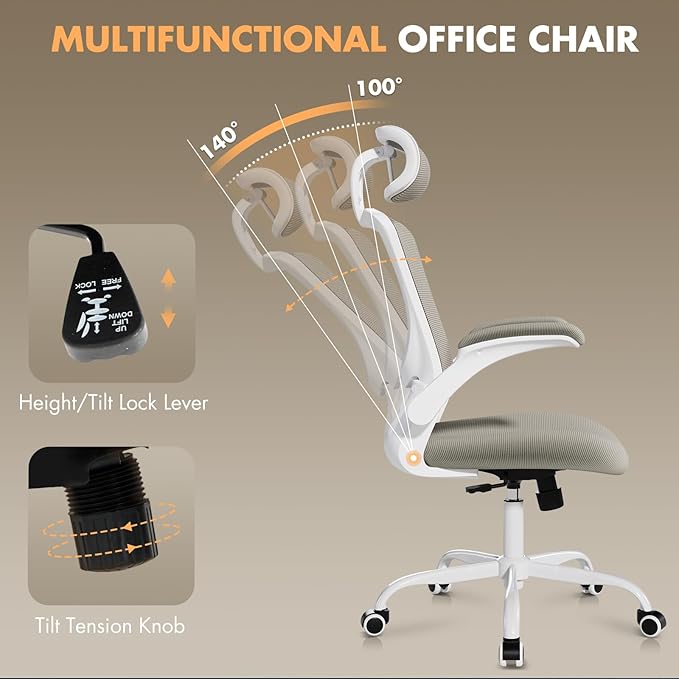 Ergonomic Office Chair with Adjustable Lumbar Support & Headrest, High Back Mesh Desk Chair with Flip-Up Armrests, Breathable & Comfortable Computer Chair for Home, Office & Study –Khaki