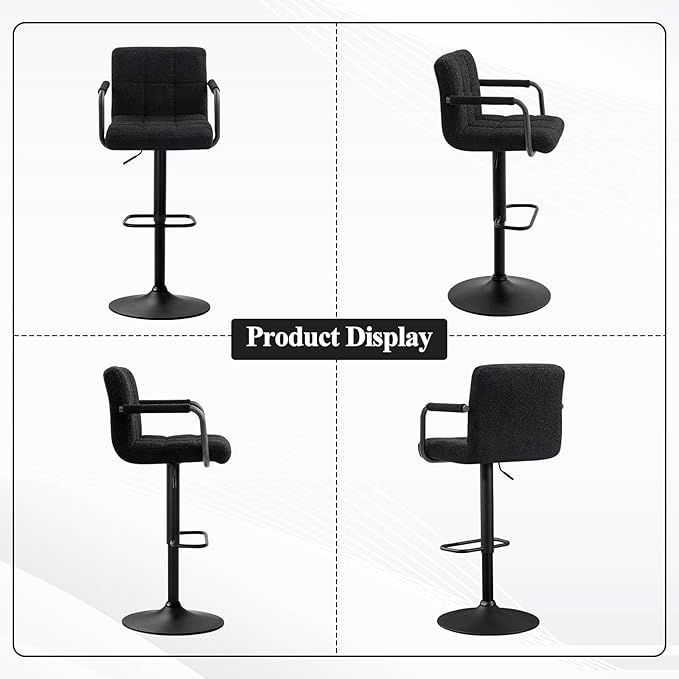 Furniliving Adjustable Bar Stools with Armrest, Square Back Sherpa Fabric Hydraulic Kitchen Counter Bar Stool, Luxurious Swivel Double Stitching Bar Chairs,Set of 2