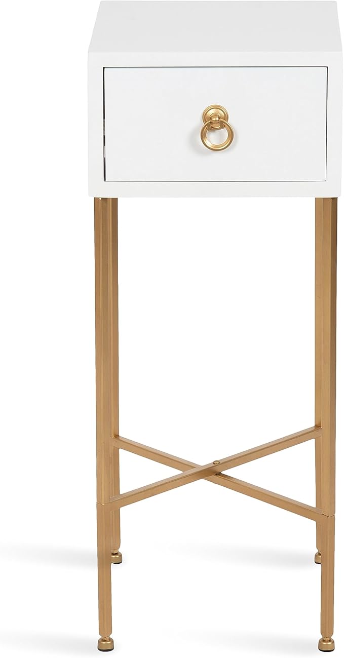 Kate and Laurel Decklyn Decorative Glam Tea Table; 12 x 12 x 30; White and Gold; Modern Living Room Drink Table with Pull Drawer for Useful Storage