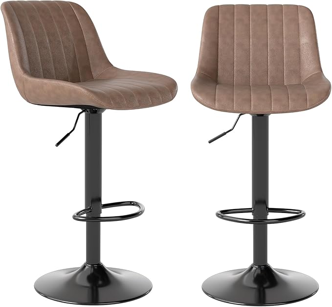 Youhauchair Bar Stools Set of 2, Swivel Counter Height Barstools with Back, Adjustable PU Leather Bar Chairs, Modern Armless Kitchen Island Stool, Light Brown