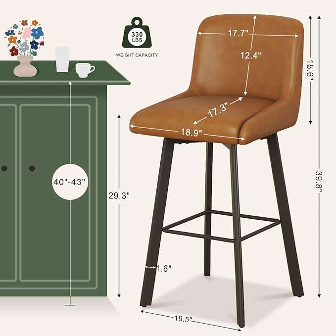 Swivel Counter Height Bar Stools Set of 3, 29''H Upholstered Barstools with Backs, Modern Bar Stool Chairs for Kitchen Island, Metal Legs, Faux Leather, Whiskey Brown Stools Counter Chair