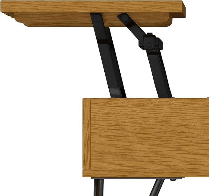SIMPLIHOME Hunter Small Lift Top Coffee Table - 36 inch Wide Solid Oak Veneer and Metal Industrial Cocktail Table in Oak, Living Room Table with Hidden Storage, 2 Cubbies, and Hairpin Legs